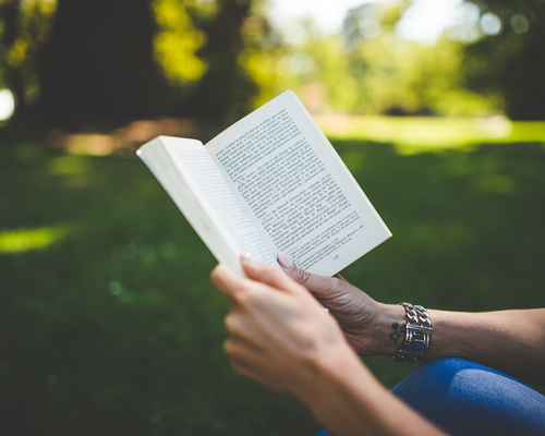 Vrouw die boek leest in een park